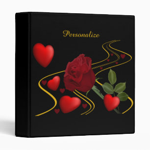 Personalize Romantic Red Hearts Roses Gold Ribbon Binder