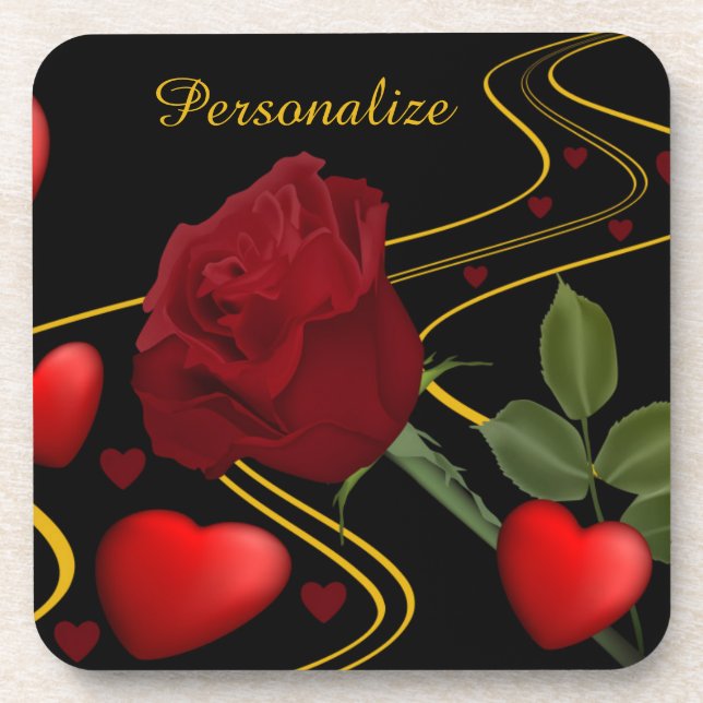 Personalize Romantic Red Hearts Roses Gold Ribbon Coaster (Front)