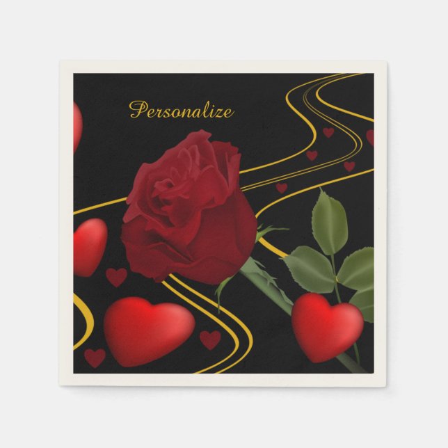 Personalize Romantic Red Hearts Roses Gold Ribbon Napkin (Front)