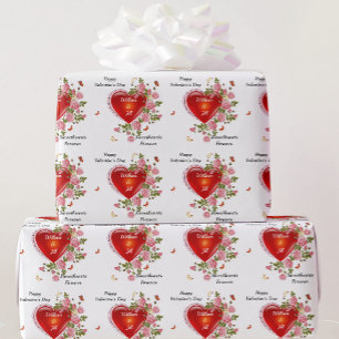 Personalize Romantic Valentine's Day Hearts Roses Wrapping Paper