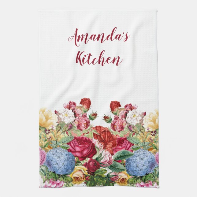 Personalize Rose and Blue Hydrangea Floral  Kitchen Towel (Vertical)