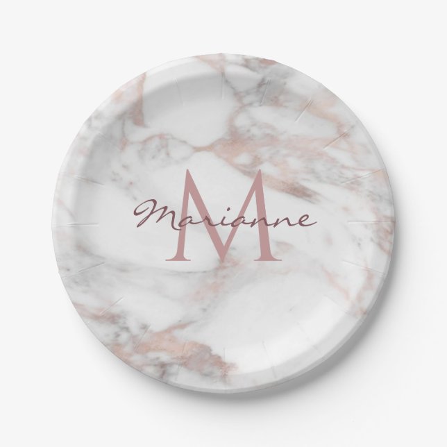 Personalize Rose Gold Marble Monogram Template Paper Plate (Front)