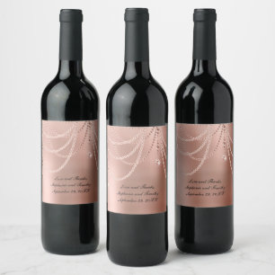 Personalize Rose Gold Pearls Diamond Bling Wedding Wine Label