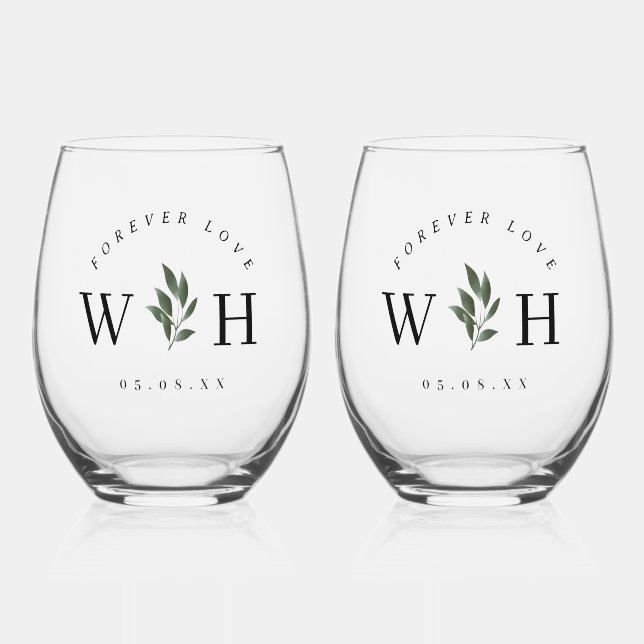 Personalize Rustic Floral Stem Wedding Monogram  Stemless Wine Glass (Front)