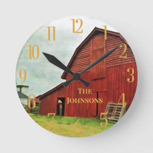 Personalize Rustic Red Barn Scene  Round Clock