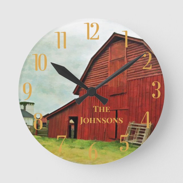 Personalize Rustic Red Barn Scene  Round Clock (Front)
