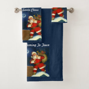 Personalize Santa Claus Christmas on Blue Bath Tow Towel Set