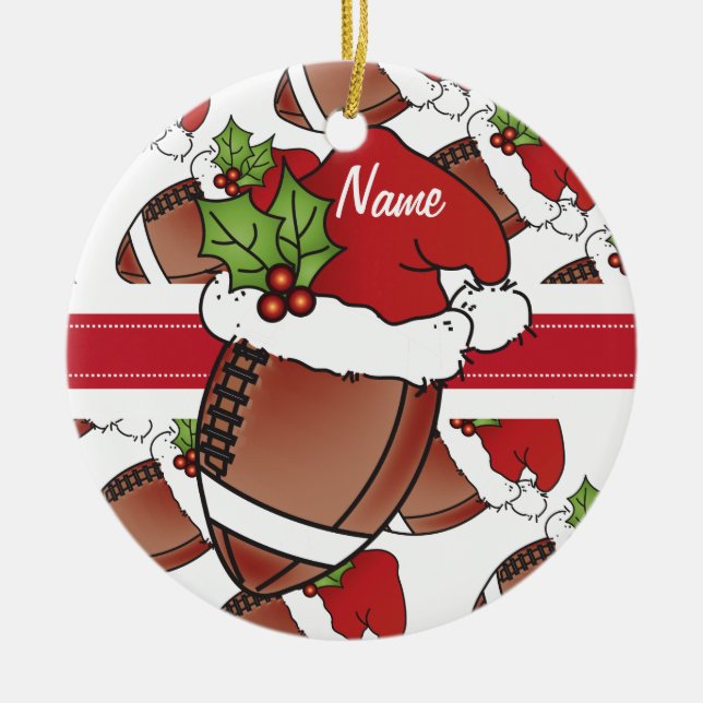 Personalize Santa's Hat Christmas Football Ceramic Ornament (Front)