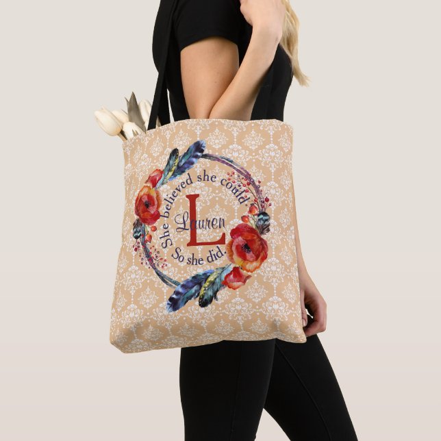 Personalize She Believed She Could Monogram Floral Tote Bag (Close Up)