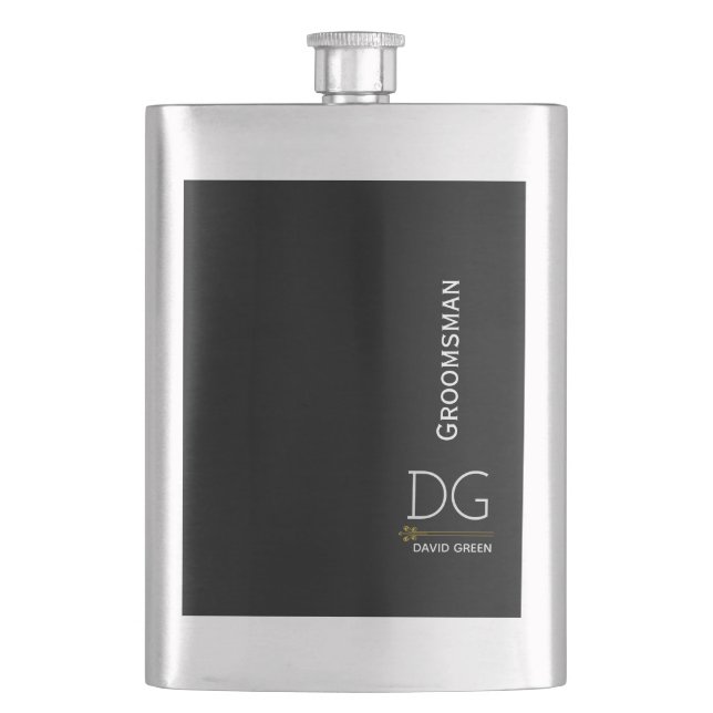 Personalize Silver and Black Groomsman Hip Flask (Front)