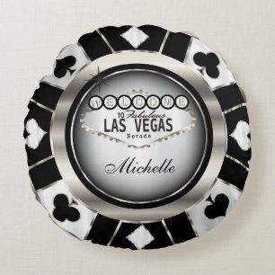 Personalize Silver, Black and White Poker Chip Round Pillow