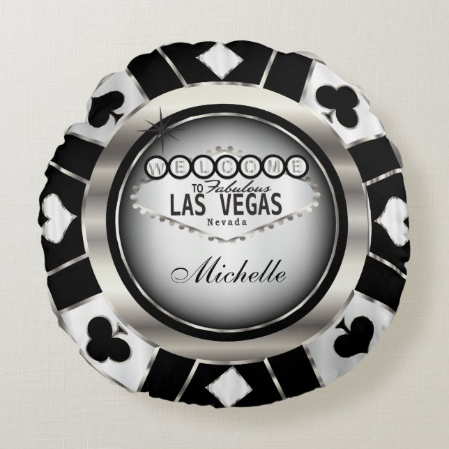 Personalize Silver, Black and White Poker Chip Round Pillow (Front)