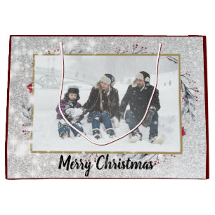 Personalize Silver Snow Christmas Red Wreaths Large Gift Bag