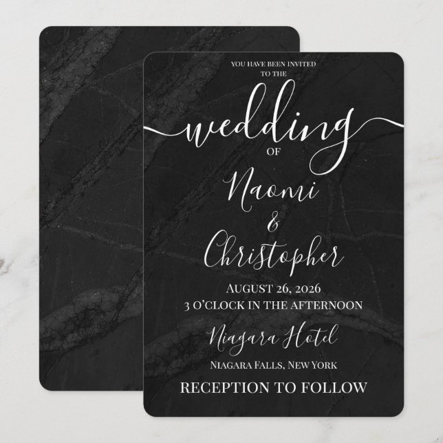 Personalize: Simple Black Marble Texture Wedding Invitation (Front/Back)