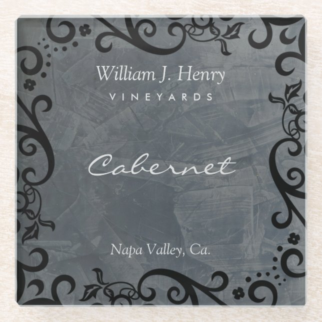 Personalize Slate And Black Scroll Wine Glass Coaster (Front)