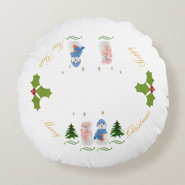 Personalize, Snowman and Snow woman Round Pillow (Front)