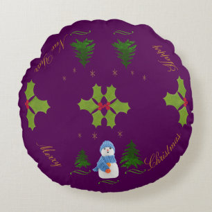 Personalize, Snowman, Christmas tree, twig Round Pillow