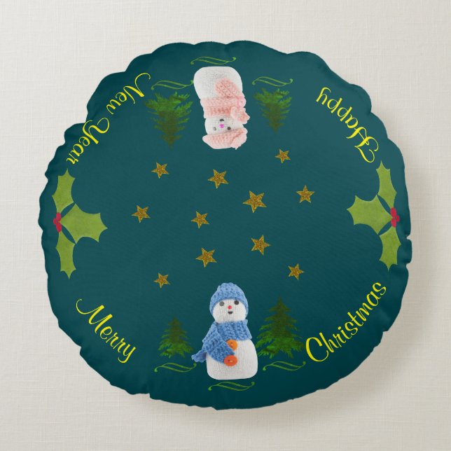 Personalize, Snowman, Christmas tree, twig Round Pillow (Front)