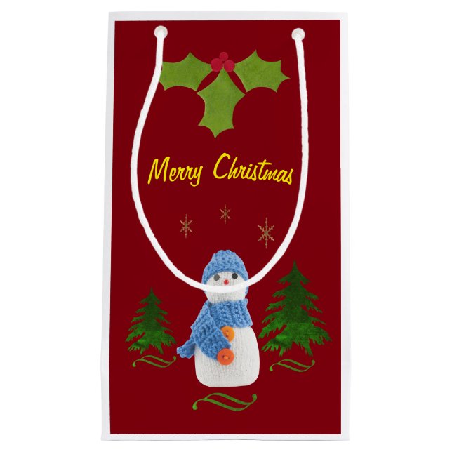 Personalize, Snowman, Christmas tree, twig Small Gift Bag (Front)