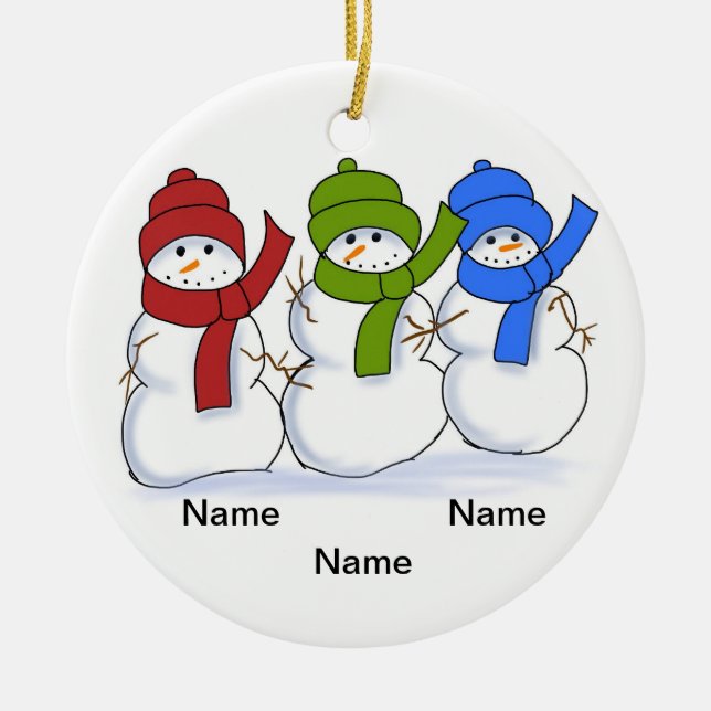 personalize snowmen, add names,  ceramic ornament (Front)