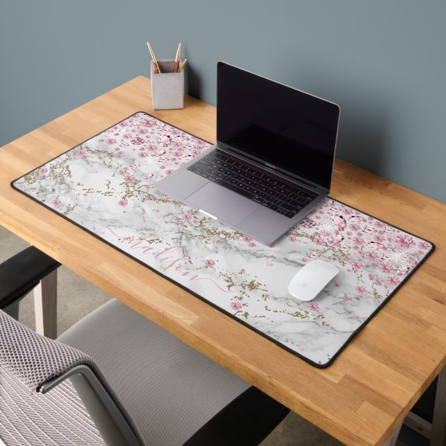 Personalize Sparkling Pink Jewels & Marble Desk Mat (Office 2)