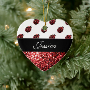Personalize Sparkling red sparkles Ladybug Ceramic Ornament