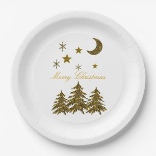 Personalize, Sparkly Christmas tree, moon, stars Paper Plate