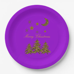 Personalize, Sparkly Christmas tree, moon, stars Paper Plate