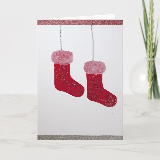 Personalize, sparkly Santa sock Holiday Card (Front)