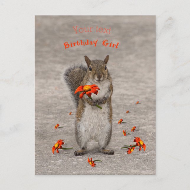 Personalize Squirrel with flower for Birthday Girl Postcard (Front)