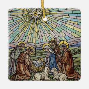 Personalize Stained Glass Nativity Scene Christmas Ceramic Ornament