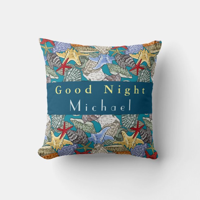 Personalize Starfish Sea Shell Pattern Good Night  Throw Pillow (Front)