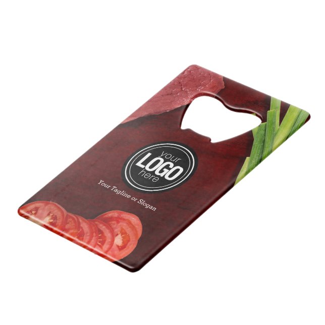 Personalize steak restaurant theme credit card bottle opener (Back Angled)