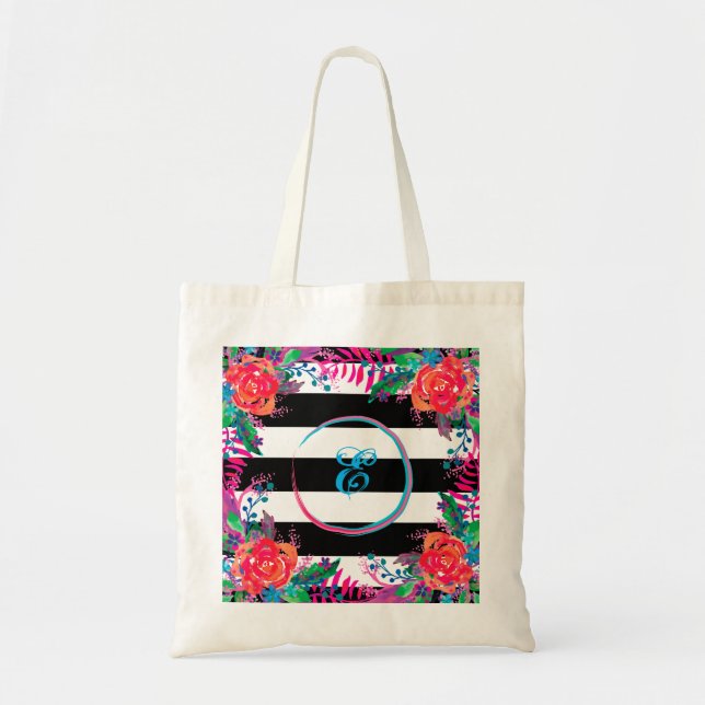 personalize striped floral with border tote bag (Front)