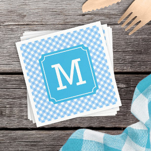 Personalize Stylish Baby Blue Gingham Monogram Napkin
