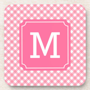 Personalize Stylish Baby Pink Gingham Monogram Coaster