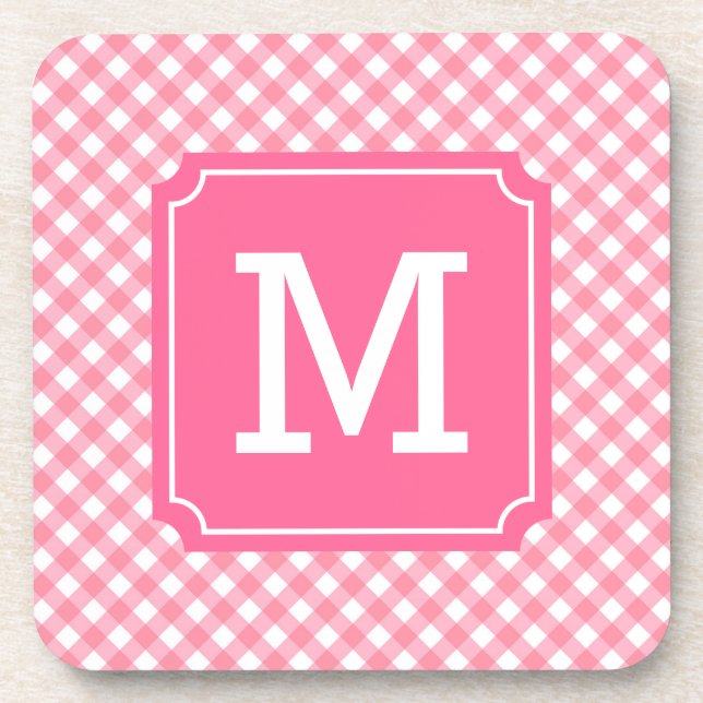 Personalize Stylish Baby Pink Gingham Monogram Coaster (Front)