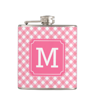 Personalize Stylish Baby Pink Gingham Monogram Hip Flask