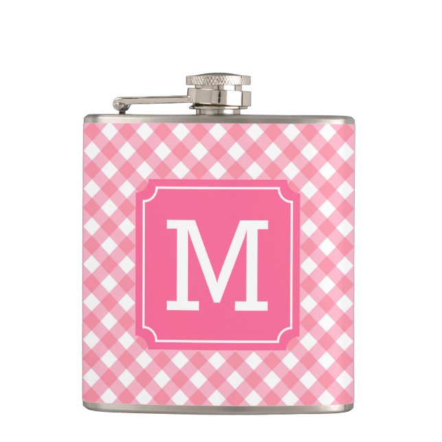 Personalize Stylish Baby Pink Gingham Monogram Hip Flask (Front)