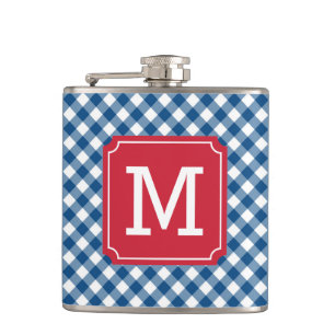Personalize Stylish Blue Gingham Monogram Hip Flask