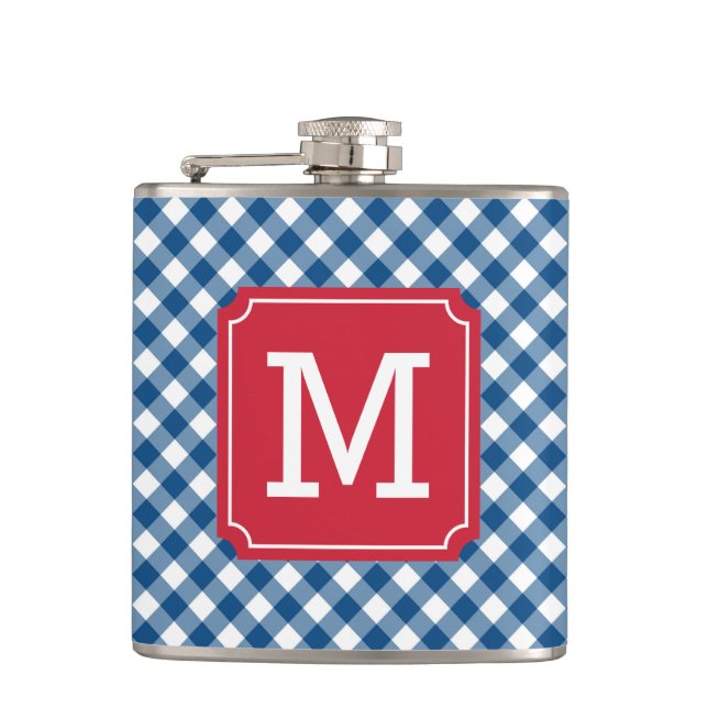 Personalize Stylish Blue Gingham Monogram Hip Flask (Front)