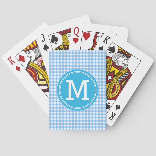 Personalize Stylish Country Blue Gingham Monogram Playing Cards (Back)