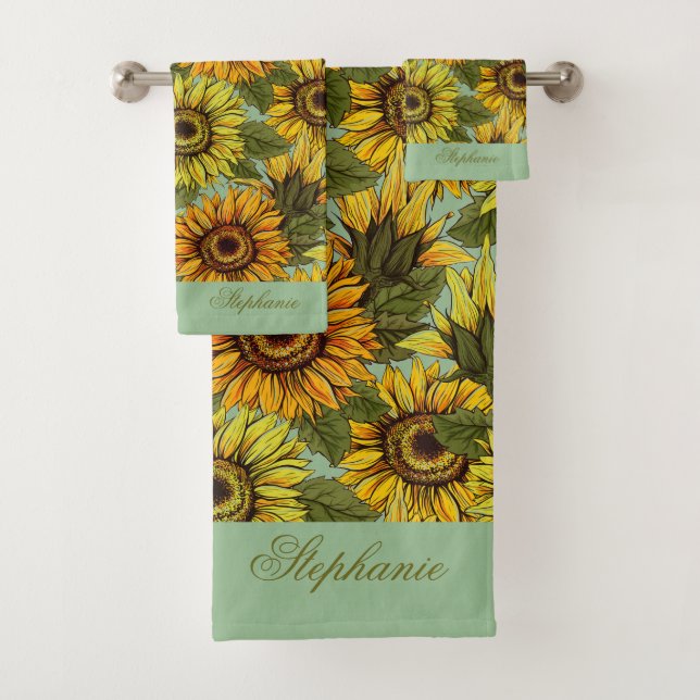 Personalize Sunflower with Foliage Sage Background Bath Towel Set (Insitu)