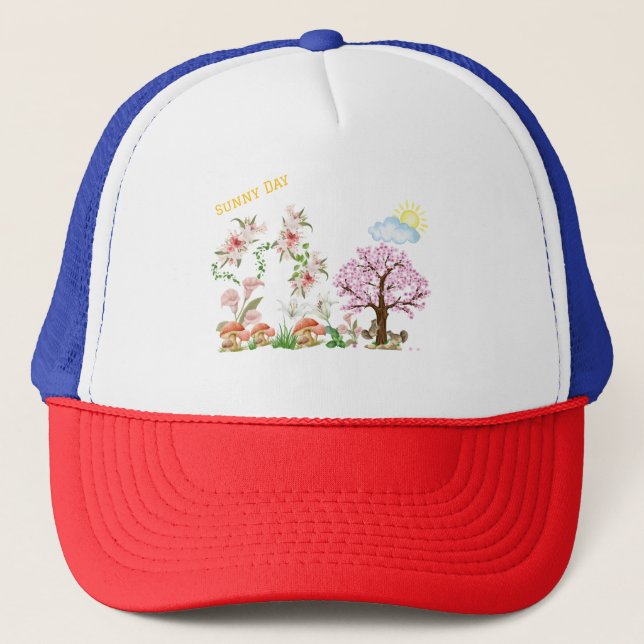 Personalize Sunny Lillies Squirrels Playing Trucker Hat (Front)