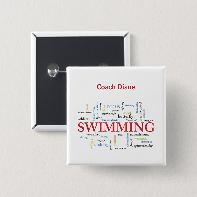 Personalize, Swimming Coach Thank You In Words 2 Inch Square Button (Front & Back)
