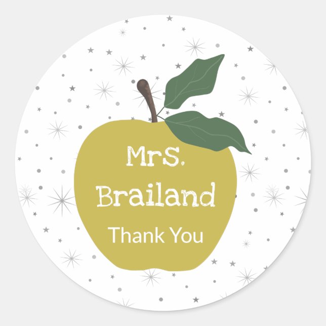 Personalize teacher name custom golden apple  classic round sticker (Front)