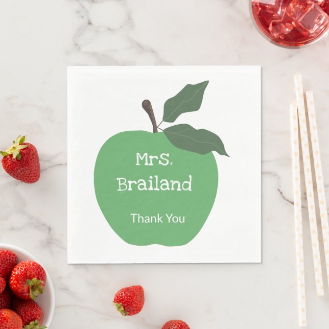 Personalize teacher name custom green apple napkin (Insitu)