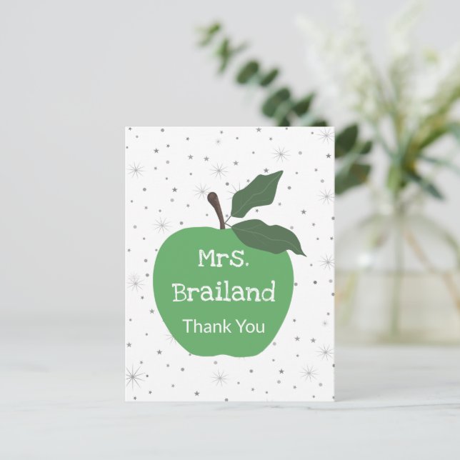 Personalize teacher name custom green apple postcard (Standing Front)