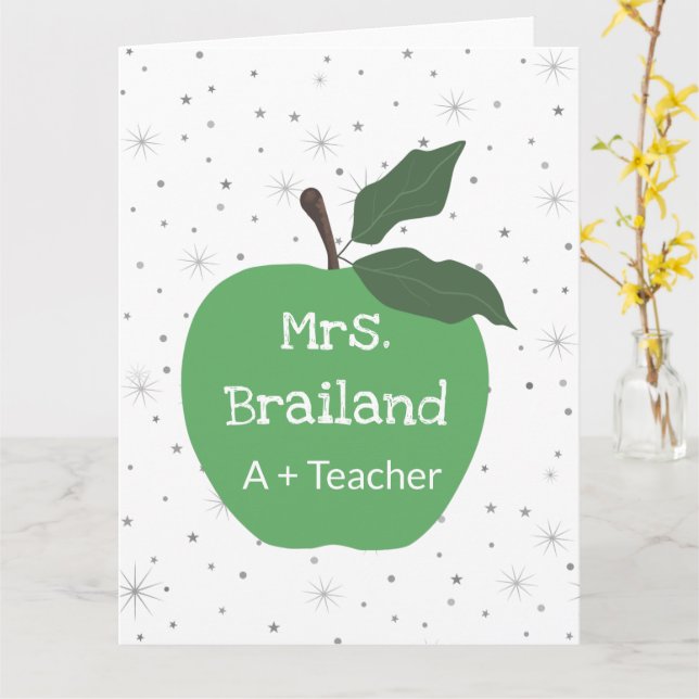 Personalize teacher name custom red apple card (Yellow Flower)