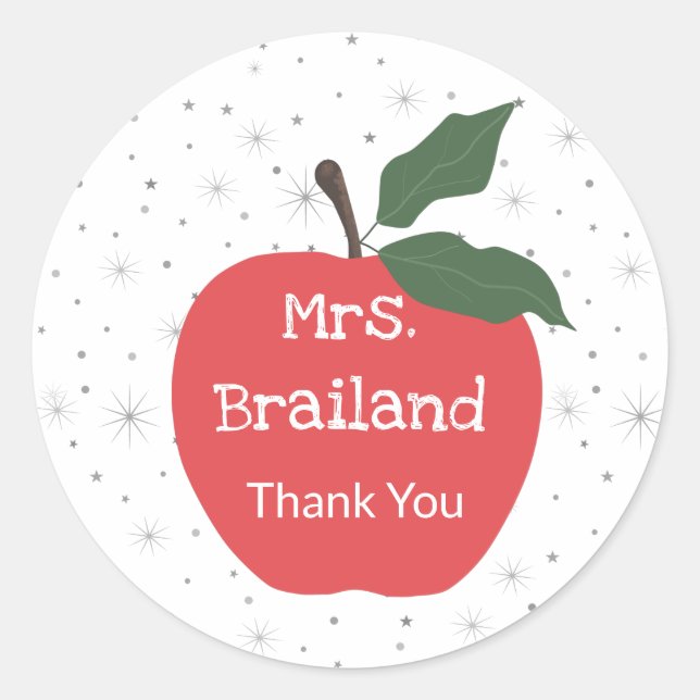 Personalize teacher name custom red apple classic round sticker (Front)